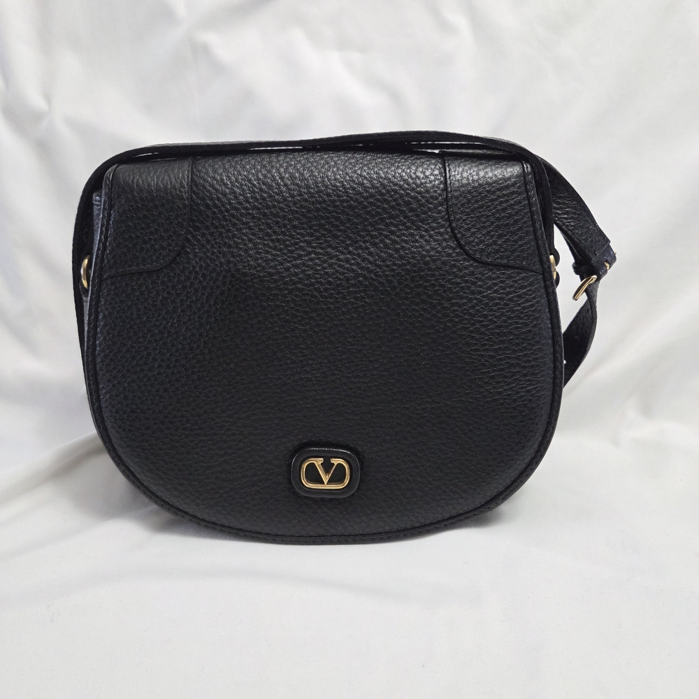 Valentino Black Pebbled Leather Crossbody Bag with Gold Logo